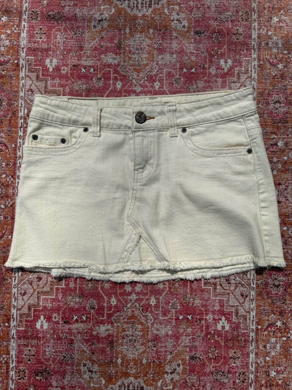 American Eagle Outfitters Cream Jean Mini Skirt with Embroidered Logo
